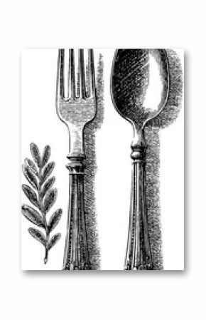 Vintage cutlery with laurel frame in engraving style for classic design projects