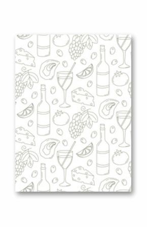 Seamless pattern with mediterranean elements drawn in doodle style. Background with italian food and drinks.