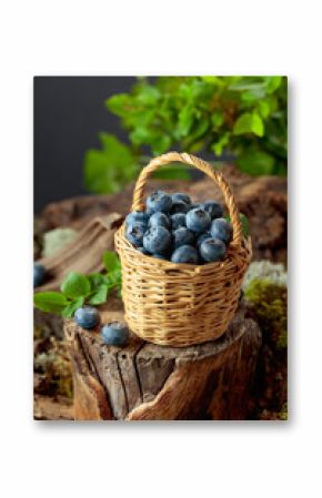Small wicker basket filled with ripe blueberries.
