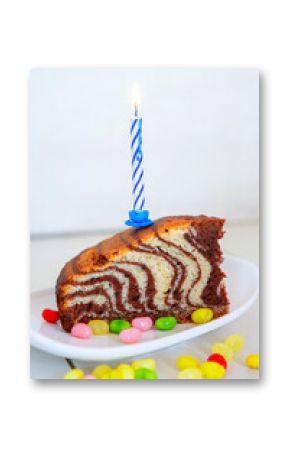 birthday zebra vanilla chocolate cake with chocolate and one blue candle.