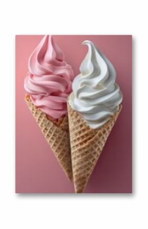 Pink and white soft serve ice cream cones on a table