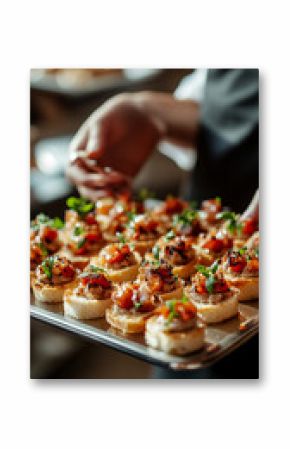 Close-up of a waiter serving gourmet finger food on a tray at an elegant cocktail party. Appetizers, canapés, and desserts beautifully arranged for wedding or upscale event. Celebration atmosphere.  
