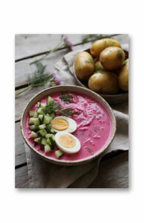 Rustic Presentation of Cold Beet Soup with Cucumber, Egg, and Dill, Served with New Potatoes on a Wooden Table