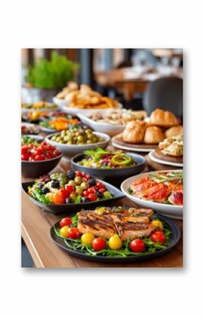 Delicious dishes covering long wooden table at luxurious hotel brunch buffet