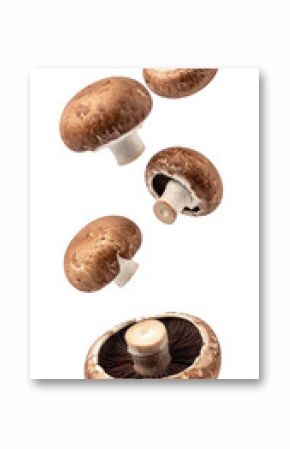 Fresh portobello mushrooms falling against a transparent background, creating a dynamic and appetizing visual