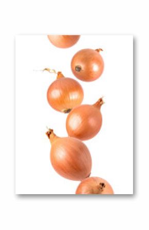 Six whole shallots falling against a transparent background, creating a dynamic and appetizing visual