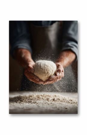 Artisan baker holding dough. Rustic, handson baking concept. Suitable for culinary blogs, artisanal food promotions, recipes, and lifestyle content about traditional skills.
