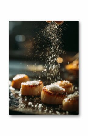 Seared scallops being seasoned with salt, showcasing culinary artistry and attention to detail