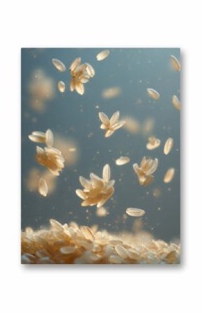Floating rice grains create mesmerizing scene of culinary beauty and texture