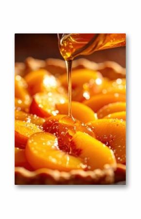 Close-up of glaze being poured over freshly sliced peaches in a tart