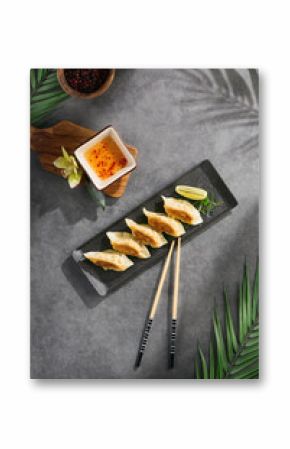 Pan-fried gyoza arranged on slate platter, bright lighting, overhead composition