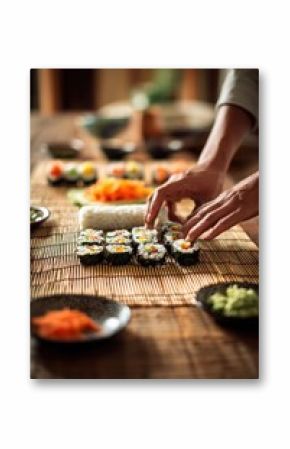 POV of Sushi Roll Preparation on Bamboo Mat with Fresh Ingredients