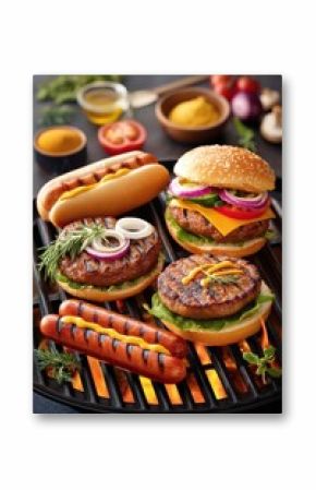 Grilled burgers and hot dogs served with garnishes on a summer barbecue