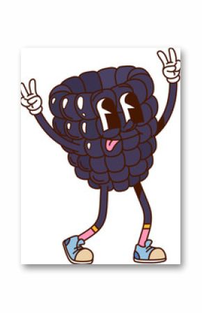 Groovy hippie blackberry berry character with funny face, cartoon vector funky fruit. Groovy blackberry berry with happy smile, freaky tongue out and hippie peace sign gesture for cartoon character