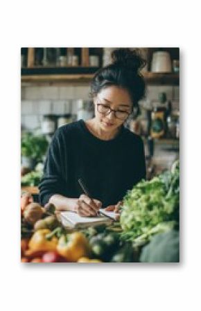 Professional Asian dietitian focused on planning weight loss meals, writing in notebook beside food pyramid guide and fresh produce, well-lit room with vertical composition for branding