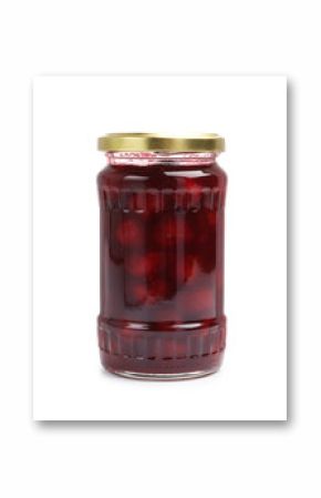 Tasty cherry jam in jar isolated on white