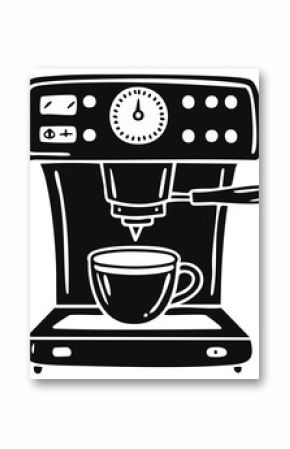 Stylized monochrome illustration of a coffee maker with a full cup ready to serve, perfect for cafe menus and minimalist designs