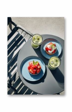 Matcha Desserts and Drinks on Outdoor Café Table — Trendy Vegan Sweets and Green Tea Beverages in Natural Light, Minimal Aesthetic Setup for Healthy Indulgence and Social Dining