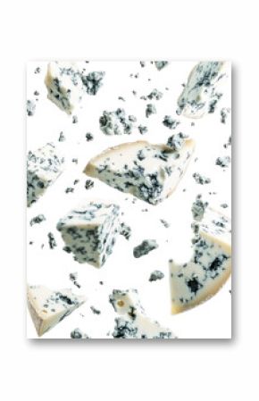 Multiple Blue Cheese Crumbles Falling - High-resolution blue cheese bits suspended mid-air on transparent background  