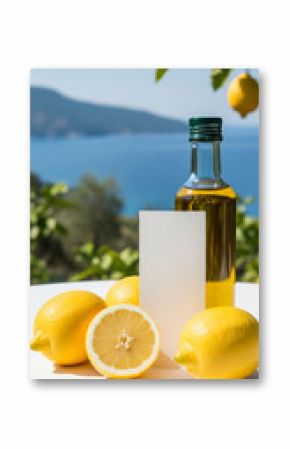 Lemons, olive oil bottle, blank card, sunny outdoor backgroundShowcase of fresh produce and healthy product, ideal for food or lifestyle branding