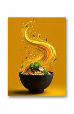 Bowl of ramen with exploding flavor on orange background