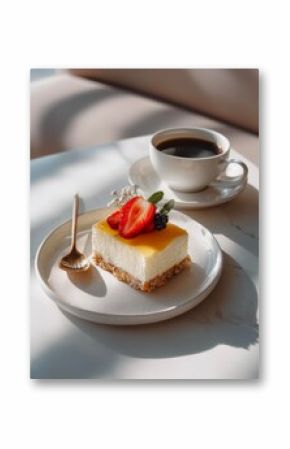 Piece of cheesecake with fresh berries and a cup of coffee