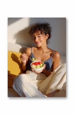 Happy young woman enjoying healthy breakfast with fresh vegetables in a cozy setting, natural light illuminating her smiling face