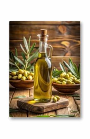 Bottle of olive oil on wooden table with green olives
