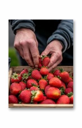 A person's hands carefully place fresh, ripe strawberries into a wooden crate, showcasing the abundance of the harvest