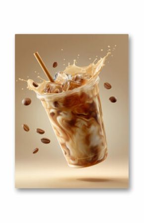 Transparent plastic cup of iced coffee with splash effect, surrounded by coffee beans, creates dynamic and refreshing scene. swirling mix of coffee and cream adds sense of motion