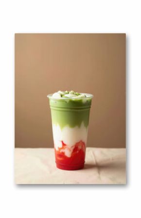 A delicious iced strawberry matcha latte beautifully layered in a to-go cup, with vibrant red puree, creamy milk, and rich green tea for a refreshing treat. 