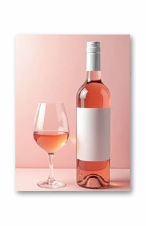 Rose wine bottle with blank label mockup glass of rose wine on light pink background. Drink is ready for tasting, product presentation. Advertise, bar, restaurant promo.