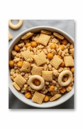 Overhead view of assorted snack mix in bowl for casual gatherings