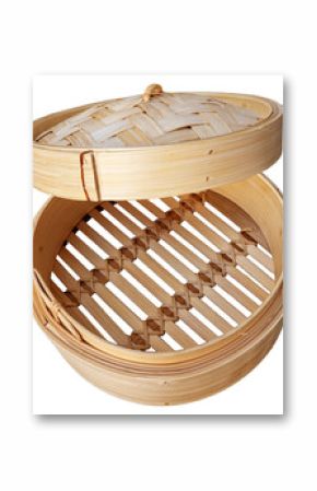 Bamboo food steamer with lid open isolated on a white transparent background, PNG file. Top view.