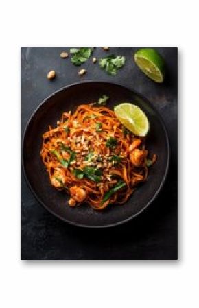Vibrant Pad Thai served with lime and crushed peanuts on a dark plate