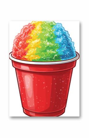 Colorful rainbow shaved ice dessert in red plastic cup, sweet icy summer treat illustration, vibrant cold cartoon food for fun