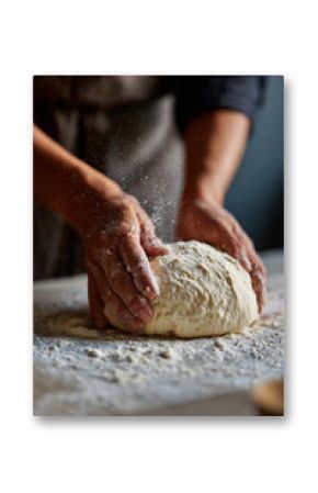 Close up of hands kneading dough with flour falling on it on a table in soft lighting