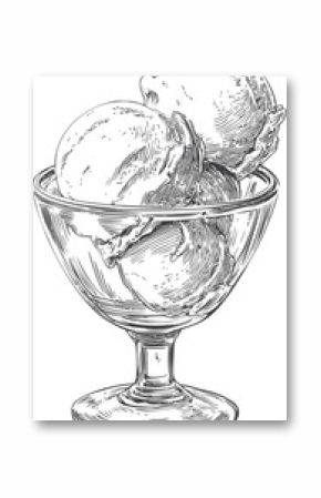 Black and white sketch of ice cream scoops in a glass dessert bowl. Vector illustration