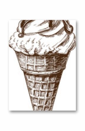 Vintage scoop of ice cream in waffle cone with chocolate topping sketch. Vector illustration