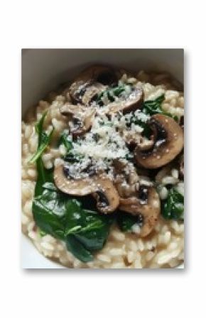 Creamy risotto features fresh spinach and mushrooms, served in a rustic bowl. This traditional Italian dish highlights the rich flavors and textures of authentic ingredients