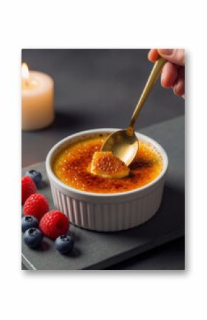 Hand cracking the caramelized sugar crust of a classic French Crème Brûlée with a golden spoon, served with fresh berries in a romantic, candlelit setting.