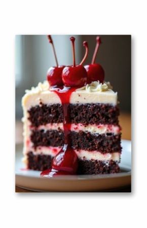 Decadent slice of Black Forest cake, layered with rich chocolate sponge and creamy white frosting. Topped with glistening sweet cherry compote and fresh cherries, this dessert is a culinary delight.