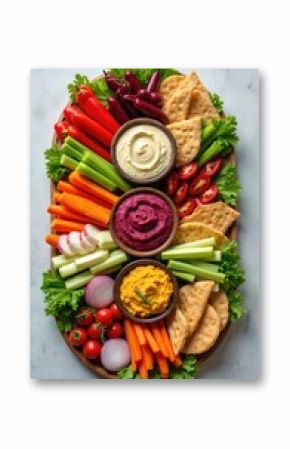 Vegetable charcuterie platter with hummus dips. Assortment fresh vegetables with vibrant colors including carrot, celery, red pepper, tomato, radish, onion, breadsticks. Healthy snack concept.