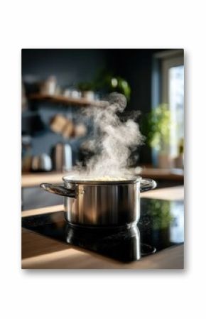 Close-up shot of porridge cooking in a modern kitchen with natural light