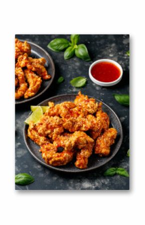 Korean fried chicken with spicy sauce and sesame seeds