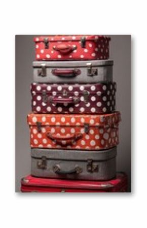 Stacked Suitcases. Packing for Vacation with Grey and Red Spotted Suitcases
