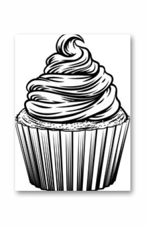 A hand drawn woodcut style cupcake cake with swirled frosting Ideal for bakery branding, dessert menus, packaging, or retro food illustrations with classic charm.