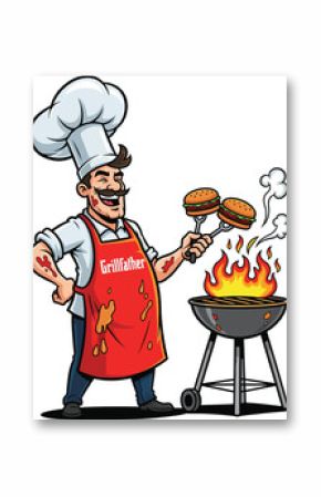 BBQ dad flipping flaming burgers with dramatic chef hat and apron that says “Grillfather” — funny cartoon vector illustration, isolated