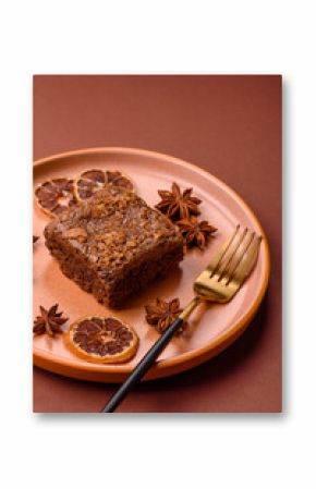 Chocolate brownie cake, food, sweet dessert with nuts rectangular shape. Sweet chocolate brownie