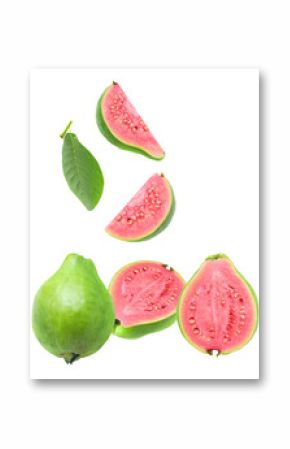 fresh pink guava fruit with slices on transparent background